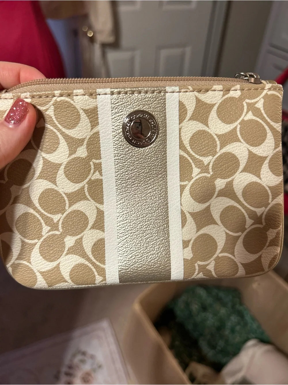 Coach Heritage Canvas Khaki Stripe Wristlet
